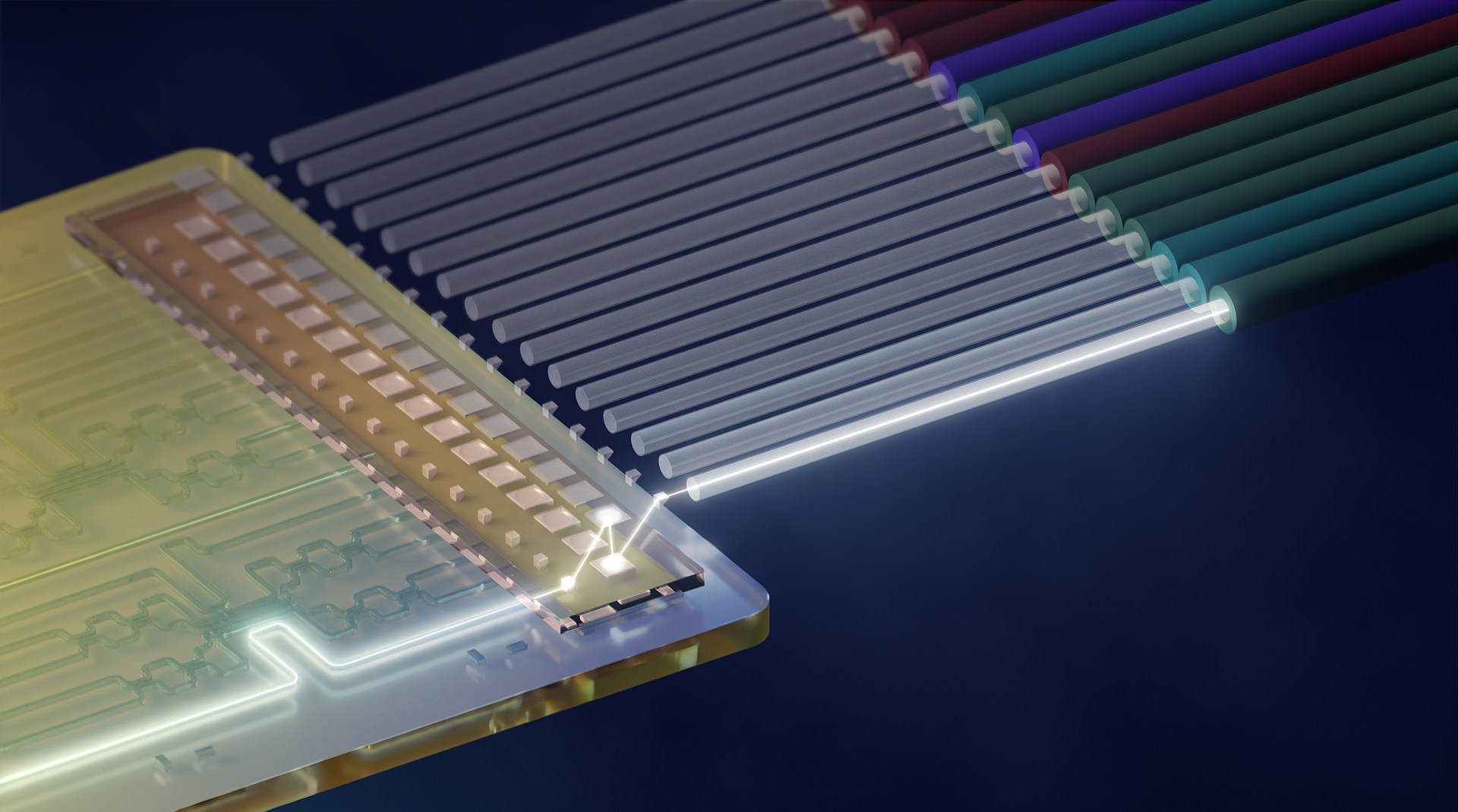 Abstract 3D illustration of a transparent electronic chip or sensor board connected to a bundle of glowing fiber-like lines on a dark background.