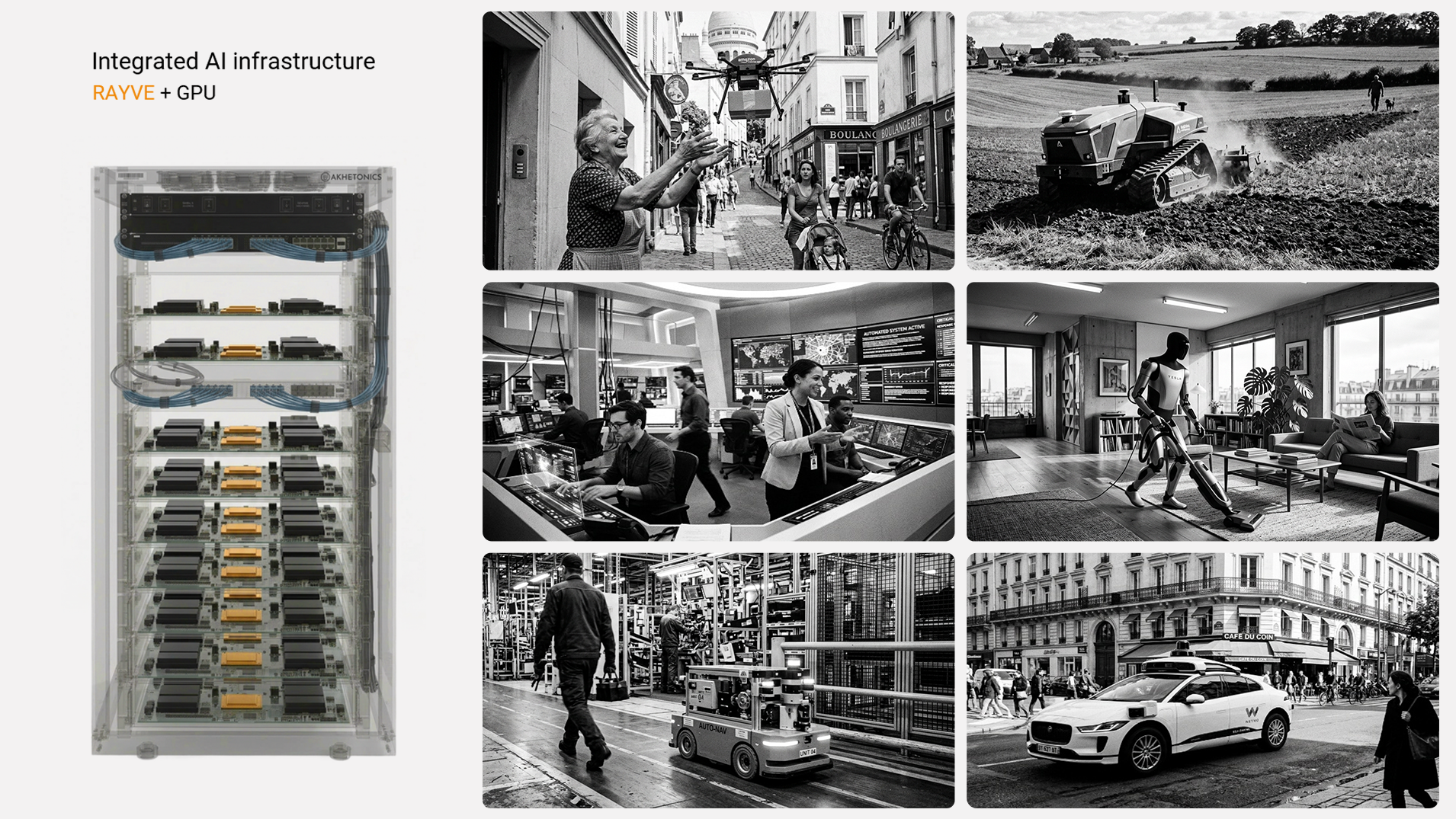 Collage titled “Integrated AI infrastructure” with a transparent server rack diagram on the left and six black-and-white scenes on the right showing drones, an autonomous farm machine, a control room, a humanoid robot vacuuming, a factory robot, and a self-driving car in a city street.