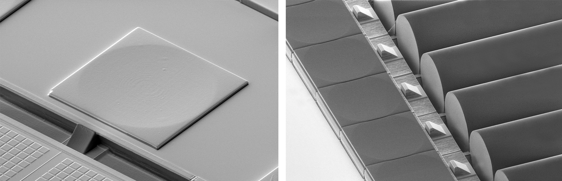 Grayscale close-up of a microfabricated device with a square platform on the left and repeating cylindrical structures with small raised tabs on the right.